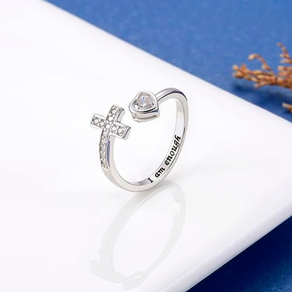 APOTIE 925 Sterling Silver Cross Ring - True Love Wait Purity Ring Cubic Zirconia Adjustable Ring Jewelry Gift for Women - style: I am enough