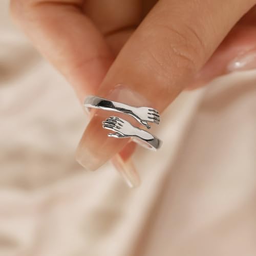 LOVECOM S925 Sterling Silver Hug Rings for Women Teen Girls Mother Daughter - color: Double Hands Hugging, size: US Size 7