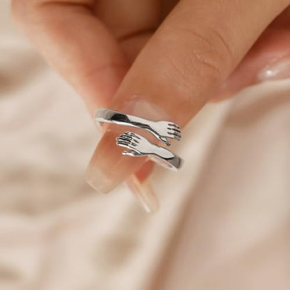 LOVECOM S925 Sterling Silver Hug Rings for Women Teen Girls Mother Daughter - color: Double Hands Hugging, size: US Size 6