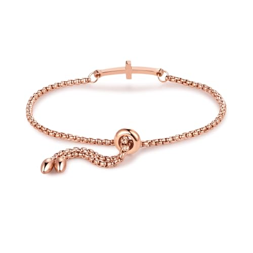 NARTGO Sideways Cross Christian Bracelet for Women Religious Faith Believe Bracelet Baptisms Jewelry Gift Stainless Steel Adjustable Chain - color: Rose Gold