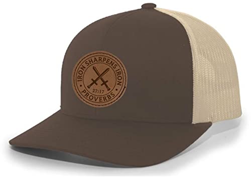 Heritage Pride Christian Iron Sharpens Iron Proverbs 27:17 Laser Engraved Leather Patch Mesh Back Trucker Hat - color: Brown/Khaki