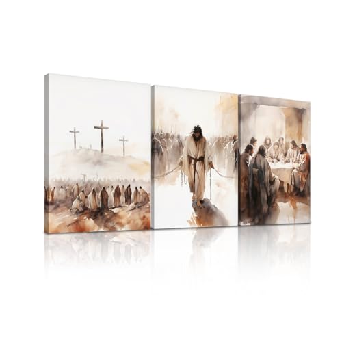 Set of 3 Framed Canvas Wall Art Jesus Crosses & The Last Supper Religious Artworks Christian style Wall Decor Paintings HD Print Posters for Bedroom, Living Room and Church 12x16inch - color: Jesus03, size: 16L" x 12W"
