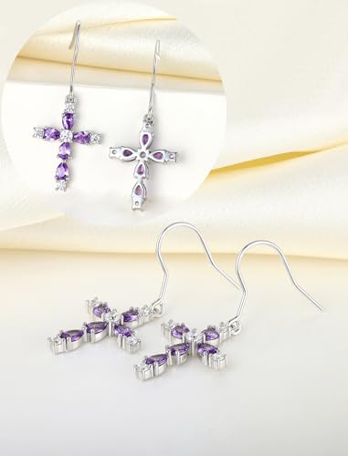 YL 925 Sterling Silver Cross Dangle Earrings Halo Birthstone Hook Earrings Religious Jewelry for Women - color: 2-amethyst-Feb