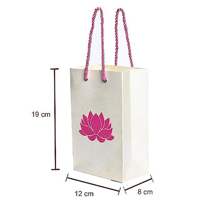 Desi Favors Lotus Gift Bags - Lotus Printed Paper for Christmas, Weddings, Birthday,s Pooja/puja Return Gifts Shagun Gift Bags - 7.4x4.7x3.14 Inch (Pack of 8) - style: Pearl White (Pink Lotus)