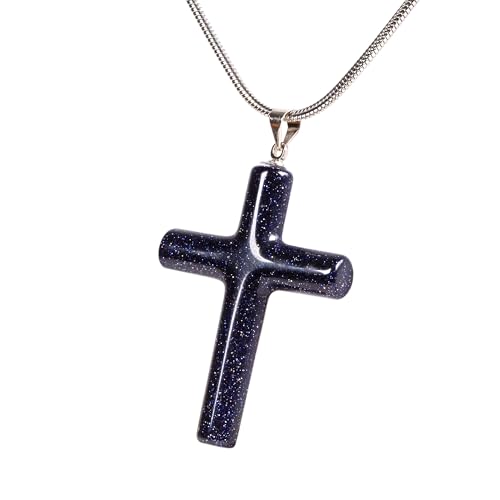 Justinstones Natural Gemstone Carved Cross Reiki Chakra Pendant Necklace 22 Inch - color: 40mm Synthetic Blue Goldstone