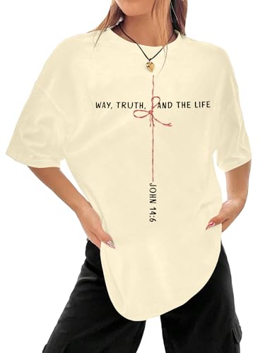 Christian Shirts for Women Oversized Bible Verse T-Shirt Jesus Religious Faithful Shirt Christ Crewneck Tee Top - color: Apricot, size: X-Large
