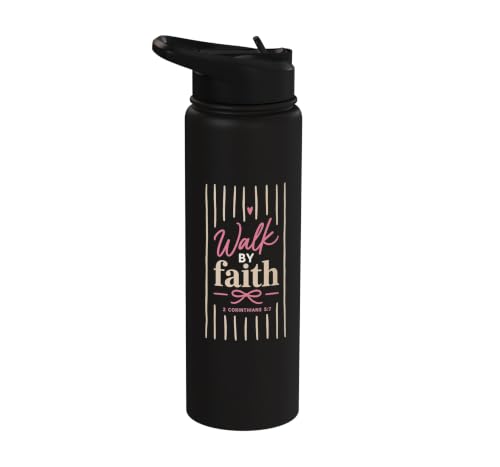 Christian Faith Scripture Verse Walk by Faith Pink Bow Stainless Steel Insulated Water Bottle - color: Black