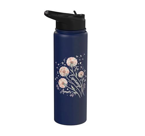 Fe Esperanza Amor Floral Christian Spanish Faith Cristianos Stainless Steel Insulated Water Bottle - color: Navy Blue