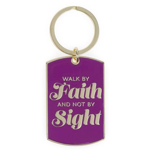 Christian Art Gifts Novelty Scripture Keychains for Women: Large Rectangular Medallion Engraved Keyrings, Multicolor Designs - color: Walk By Faith/Purple & Gold