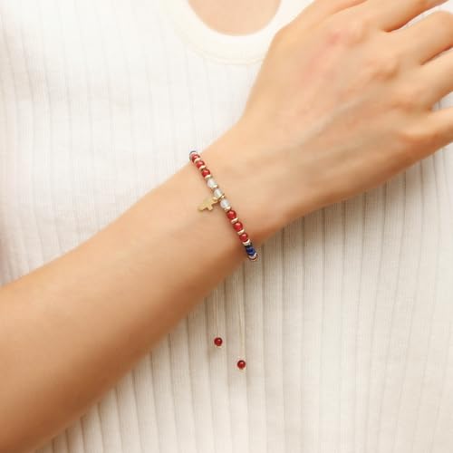Christian Gifts for Women, Cross Bracelet, Natural Stone Beaded Jewelry - color: Red