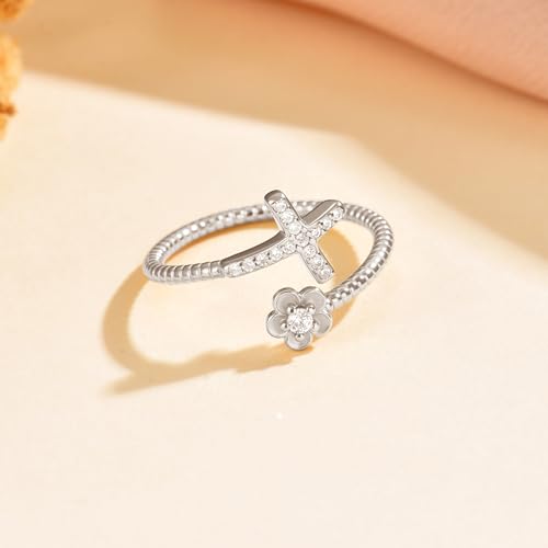 925 Sterling Silver Cross Flower Adjustable Ring For Womem - color: Silver