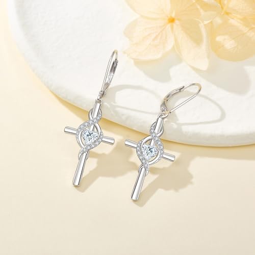 ONEFINITY Cross Earrings for Women 925 Sterling Silver Cross Birthstone Dangle Drop Earrings Infinity Cross Religious Jewelry Gifts for Women - color: 04-April-White Zirconia