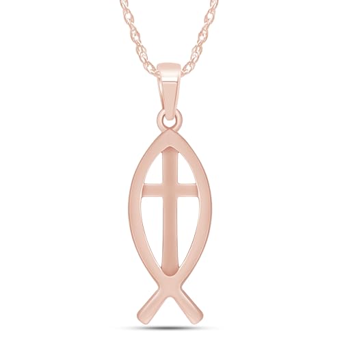 Christian Fish Cross Pendant Necklace for Women Religious Faith Jewelry - color: rose-gold-plated-silver