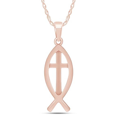 Christian Fish Cross Pendant Necklace for Women Religious Faith Jewelry - color: rose-gold-plated-silver