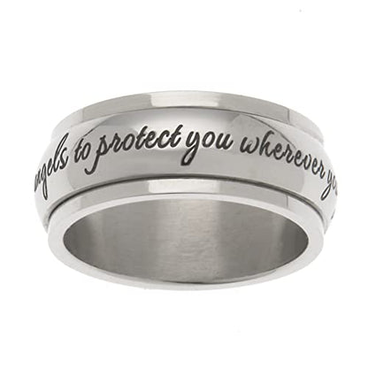 Beads & Pearls Jewelry 8mm Stainless Steel Women's Men's He Will Order His Angels To Protect You Wherever You Go Christian Religious Inspirational Spinner Ring, Sizes 6 to 9