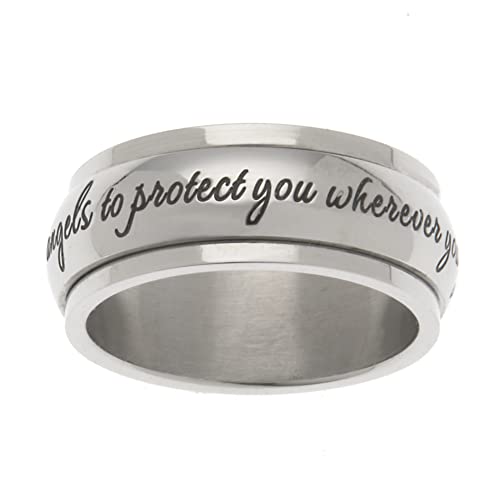 Beads & Pearls Jewelry 8mm Stainless Steel Women's Men's He Will Order His Angels To Protect You Wherever You Go Christian Religious Inspirational Spinner Ring, Sizes 6 to 9