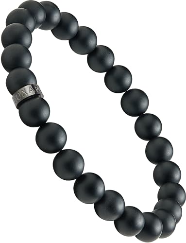 LUXAR Men’s Bracelet - Genuine Black Leather Bracelet with Stainless Steel Clasp or 8mm Matte Black Onyx Stone Bead Bracelet - Minimalist Designer Jewelry for Men - color: Black, size: Large