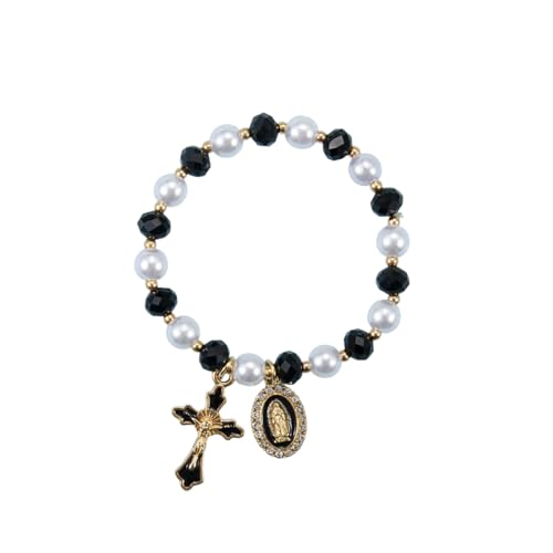 Stretchy Virgin Mary Bracelet with Cross Charm - Multi-Color Pearl Crystal Beaded Catholic Religious Jewelry for Women, Christian Gift for Baptism Confirmation First Communion - color: Black