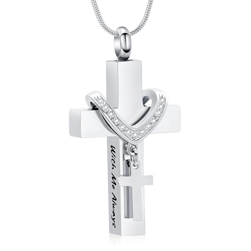 Cremation Jewelry for Ashes Pendant - Cross Urn Necklace with Mini Keepsake Urn Memorial Ash Jewelry - color: With Me Always-Silver