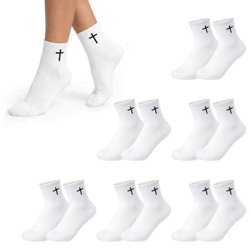 Skicuff 6/9 Pairs Christian Cross Socks Prayer Crew Stockings - color: White