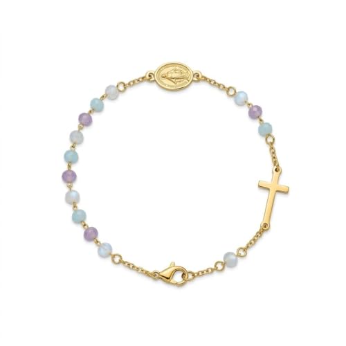18K Gold Plated 316L Stainless Steel Rosary Bracelet for Women, Amazonite Amethyst Larimar Stone Beaded Cross Bracelet with Religious Medal, First Communion Confirmation Baptism Religious Gift Jewelry, 7.5inch