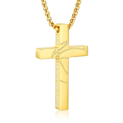 Gnamy Basketball Cross Necklace Gifts for Boys Men, Cross with Bible Verse Stainless Steel Pendant Chain Easter Christian Religious Jewelry Gifts for Him Kids Teenage Teens - color: Gold, style: MATTHEW 28:20