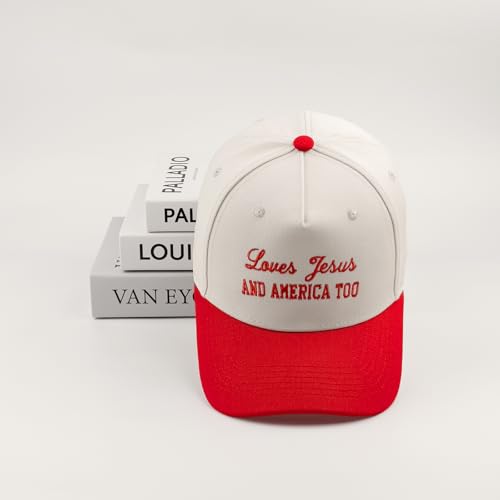 Embroidered Christian Two-Tone Baseball Cap for Men & Women, Adjustable Dad Hat Christmas Easter Gift - color: Loves Jesus and America Too, Red/Beige