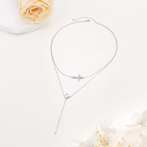 DAOCHONG S925 Sterling Silver Sideways Cross Choker Necklace 14+4 Inch - color: Silver-Created Turquoise Layer 1
