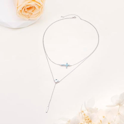 DAOCHONG S925 Sterling Silver Sideways Cross Choker Necklace 14+4 Inch - color: Silver-Created Turquoise Layer 1