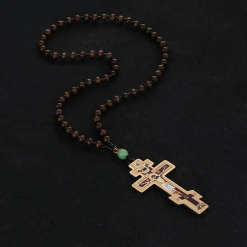 COTTVOTT Wood Rosary Beads Cross Necklace Men Prayer Eastern Orthodox Crucifix Jesus Pendant Necklace - color: color-3
