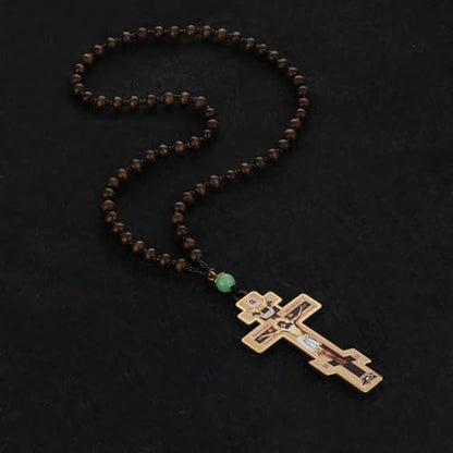 COTTVOTT Wood Rosary Beads Cross Necklace Men Prayer Eastern Orthodox Crucifix Jesus Pendant Necklace - color: color-3