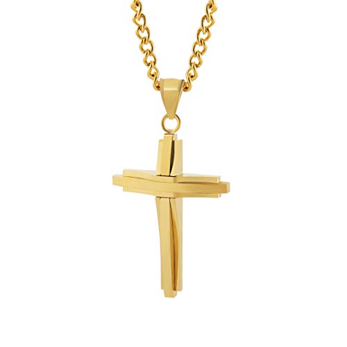 HZMAN Mens Polished Stainless Steel Silver Cross Pendant Necklace - color: Gold