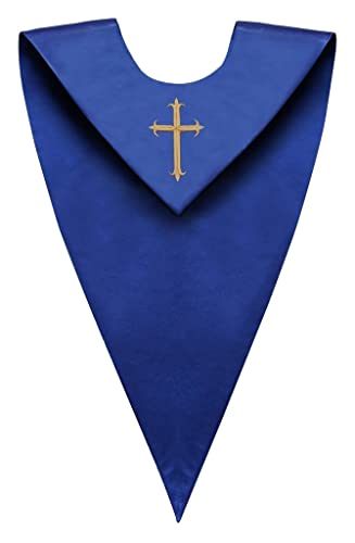 CLERKMANS Unisex Adult V-Neck Choir Stole with Embroidered Cross Patch - color: Blue