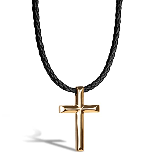 SERASAR Premium Leather Necklace Men | Stainless Steel Pendant | Secure Clasp | Three Colors | Jewelry Box Included - color: Gold, size: 50cm, style: Cross