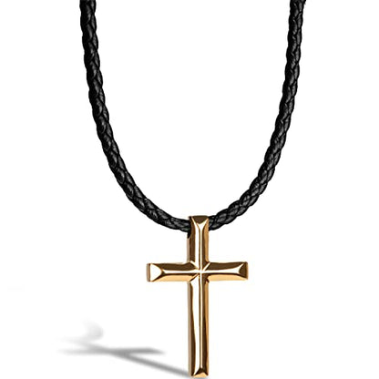 SERASAR Premium Leather Necklace Men | Stainless Steel Pendant | Secure Clasp | Three Colors | Jewelry Box Included - color: Gold, size: 50cm, style: Cross