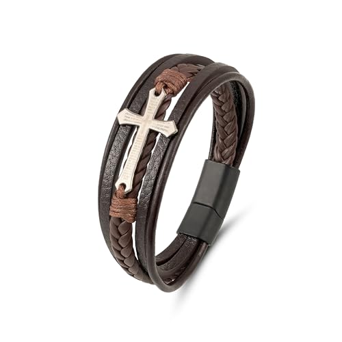Mens Leather Cross Bracelet Multilayer Braided Wristband Bangle Bracelets with Stainless Steel Buckle Religious Gift for Men Brown/Black/Blue–8.3 inch - color: Style1, size: 8.3in(Fits most wrists)