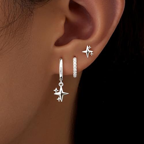 14K Gold Planted Seashell Starfish Stud dangle Earrings for Women, Summer Beach Hoop Earrings for Multiple Piercing Cartilage, Dainty Trendy Dangling Earring 3 Pairs Set Vacation Ocean Outfits Accessories Jewelry - color: Star-Silver