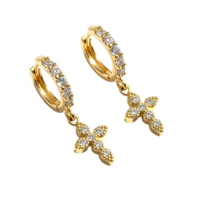 14K Gold Plated Cross Earrings for Women – Hoop Huggie Dangle Earring – Stainless Steel, Hypoallergenic, Lightweight CZ, Water‑Resistant & Tarnish‑Resistant Everyday Jewelry