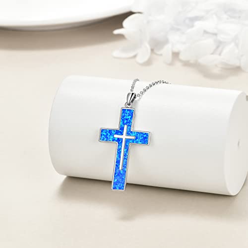 YFN Cross Necklace Sterling Silver Religious Cross Pendant Jewelry Christian Gifts for Women Men - style: A. Blue Opal