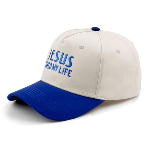 Embroidered Christian Two-Tone Baseball Cap for Men & Women, Adjustable Dad Hat Christmas Easter Gift - color: Jesus Saved My Life, Navy Blue/Beige