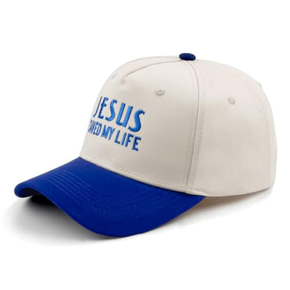 Embroidered Christian Two-Tone Baseball Cap for Men & Women, Adjustable Dad Hat Christmas Easter Gift - color: Jesus Saved My Life, Navy Blue/Beige