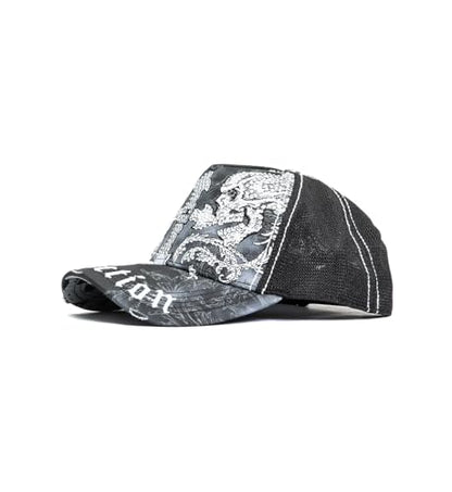 Affliction Men's Baseball Cap, Gothic Style, Embroidered Pattern - color: Black Potassium Spray (Winged Up)