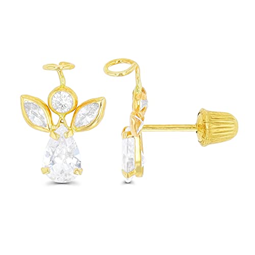 14K Yellow Solid Gold Religious Earrings | Virgin Mary & Lady Guadalupe Stud Earrings - color: ScrewBack-Multi Cut Angel