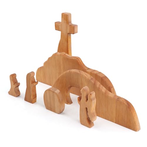 Empty Tomb Easter Scene and Christian Cross Decoration, Wooden Easter Resurrection Scene Cross Jesus Tomb Tray Set, Easter Decor for Religious Home Office Tabletop Christian Gifts