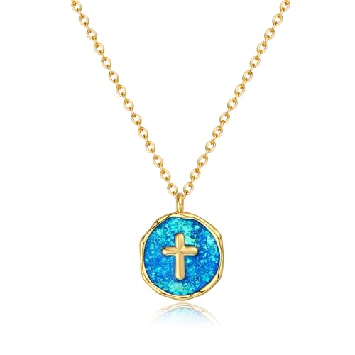 Gold Enamel Mini Cross Necklace Tiny Mother of Pearl Cross Necklace Religious Christian Gift for Baptism First Communion Christmas - color: Medium Opal cross(13mm)-blue