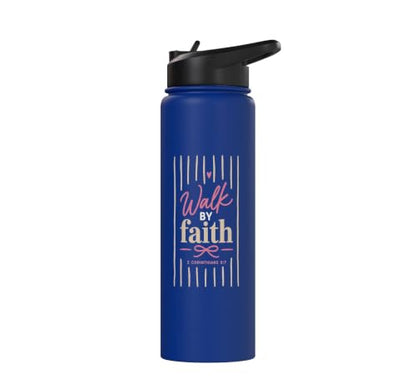 Christian Faith Scripture Verse Walk by Faith Pink Bow Stainless Steel Insulated Water Bottle - color: Royal Blue