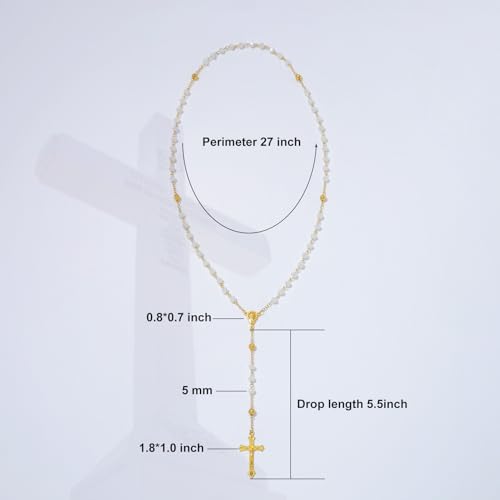 KOMI Crystal Rosary Beads with Jesus Crucifix, Catholic Necklace for Women First Communion Rosarios Wedding Rosary with Velvet Bag - style: 6MM-white