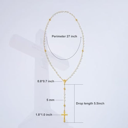 KOMI Crystal Rosary Beads with Jesus Crucifix, Catholic Necklace for Women First Communion Rosarios Wedding Rosary with Velvet Bag - style: 6MM-white