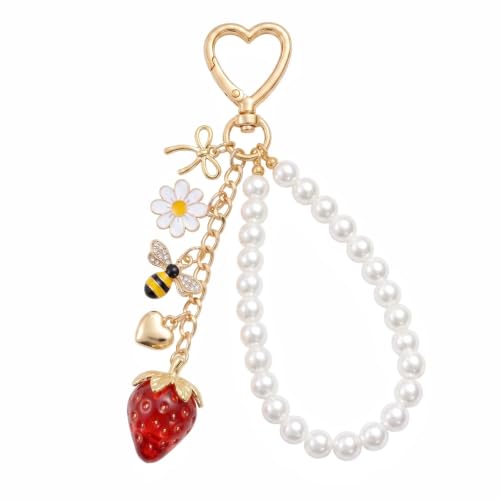 Cute Bag Charms Keychain - Pearl Keyring Wristlet Birthday Gifts - color: Red Strawberry