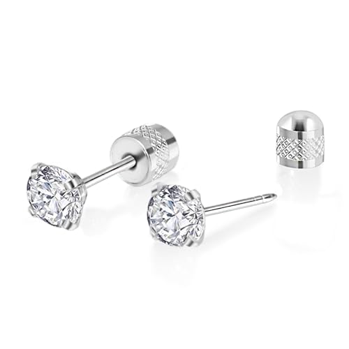 Titanium Earrings Push-in Threadless Flat Back Stud Earrings for Women Men, Cartilage Earring Hypoallergenic Cubic Zirconia Earrings Studs for Helix Tragus Piercing Jewelry - color: Silver-7mm